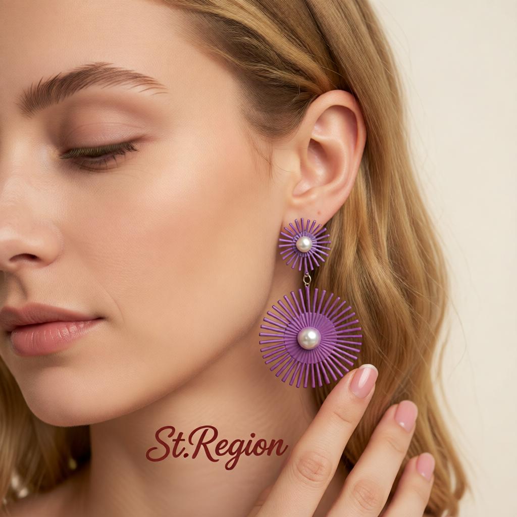 Purple Enamel and Pearl Abstract Botanical Drop Earrings, drop earrings for women, botanical inspired, styled look