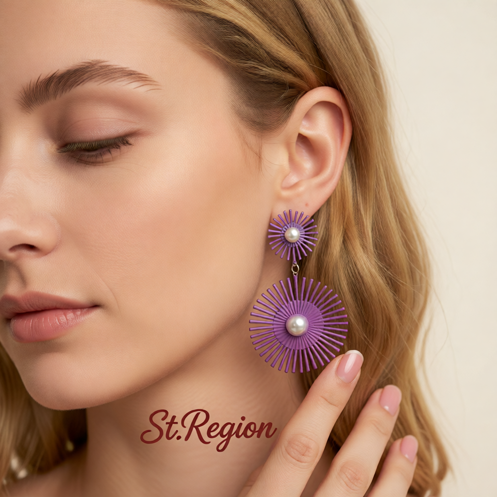 Purple Enamel & Pearl Abstract Botanical Drop Earrings
