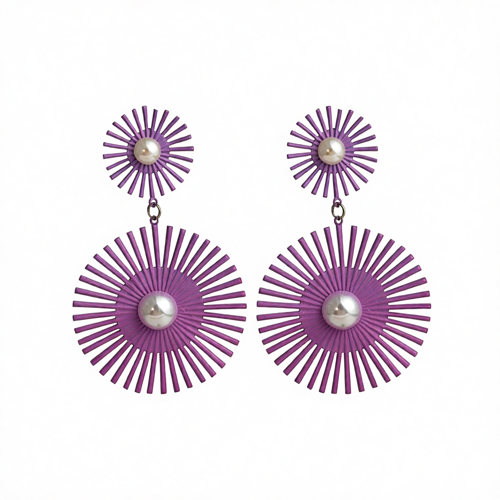 Purple Enamel & Pearl Abstract Botanical Drop Earrings