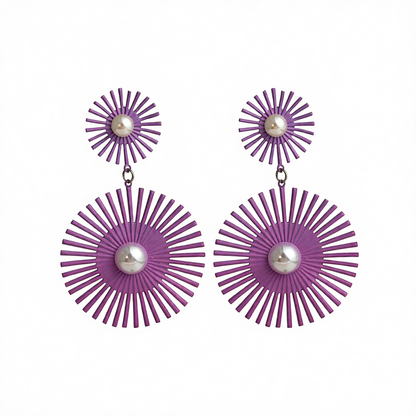 Purple Enamel & Pearl Abstract Botanical Drop Earrings