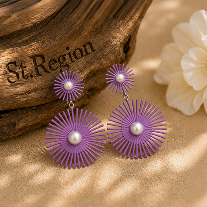 Purple Enamel & Pearl Abstract Botanical Drop Earrings