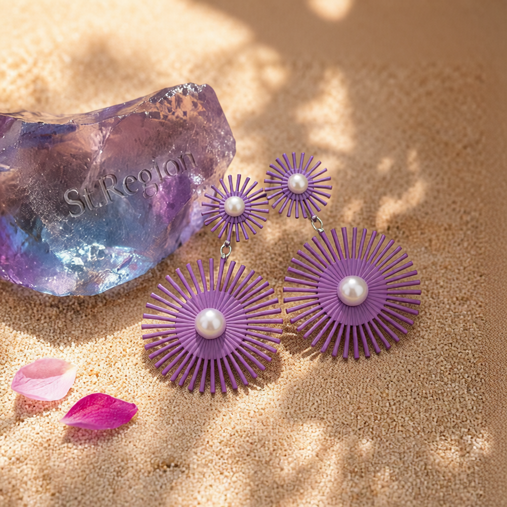 Purple Enamel & Pearl Abstract Botanical Drop Earrings