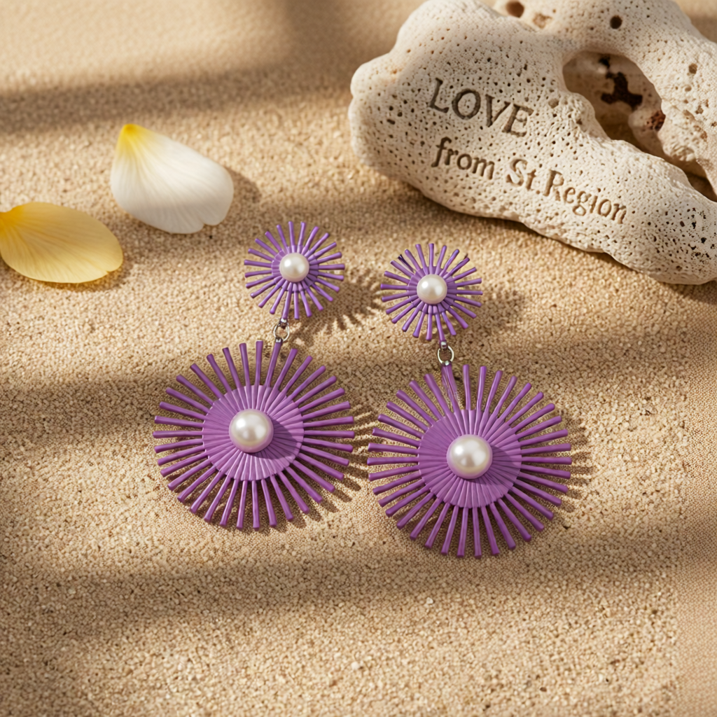 Purple Enamel & Pearl Abstract Botanical Drop Earrings