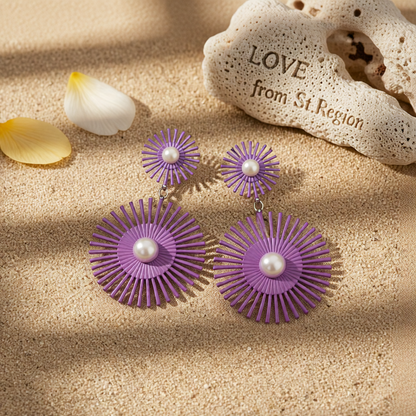 Purple Enamel & Pearl Abstract Botanical Drop Earrings
