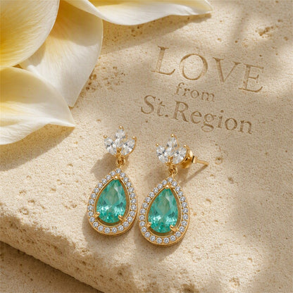 Blue Crystal and Cubic Zirconia Halo Teardrop Earrings, drop earrings for women, dainty minimalist design, lifestyle look