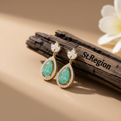 Blue Crystal and Cubic Zirconia Halo Teardrop Earrings, drop earrings for women, dainty minimalist design, front view