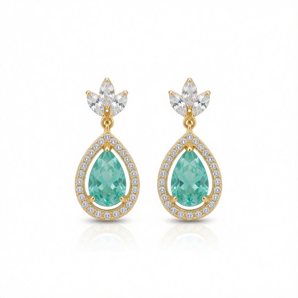 Blue Crystal and Cubic Zirconia Halo Teardrop Earrings, drop earrings for women, dainty minimalist design, side view