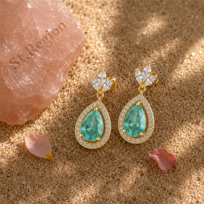 Blue Crystal and Cubic Zirconia Halo Teardrop Earrings, drop earrings for women, dainty minimalist design, detail close-up