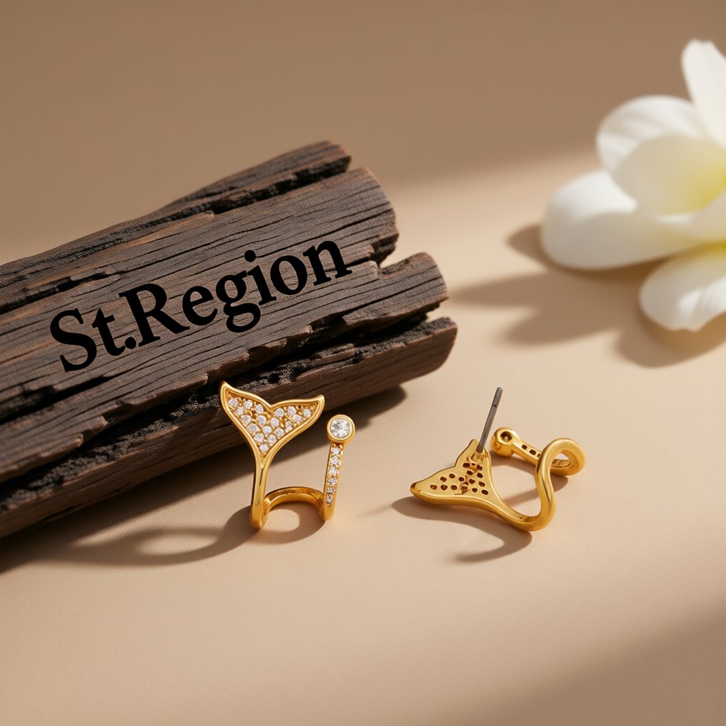 Cubic Zirconia and 18K Gold-Plated Fishtail Stud Earrings, gold stud earrings for women, everyday style, front view