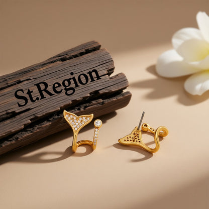 Cubic Zirconia and 18K Gold-Plated Fishtail Stud Earrings, gold stud earrings for women, everyday style, front view