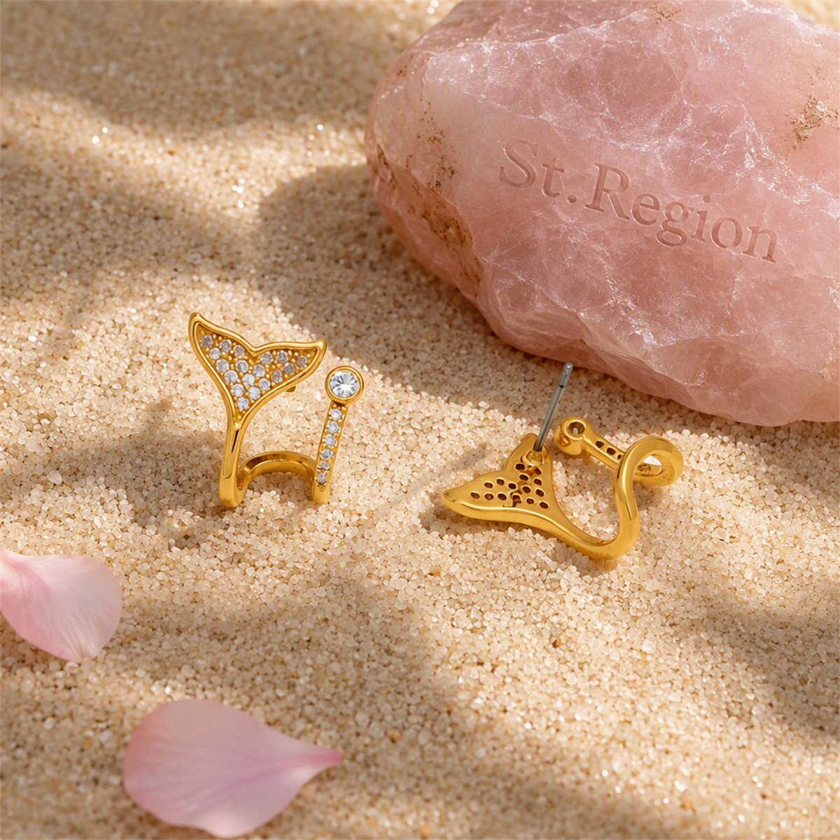 Cubic Zirconia and 18K Gold-Plated Fishtail Stud Earrings, gold stud earrings for women, everyday style, detail close-up