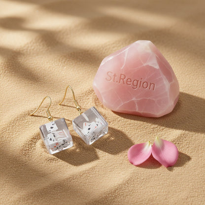 Clear Resin and 18K Gold-Plated Joker Cube Drop Earrings, gold drop earrings for women, everyday style, detail close-up
