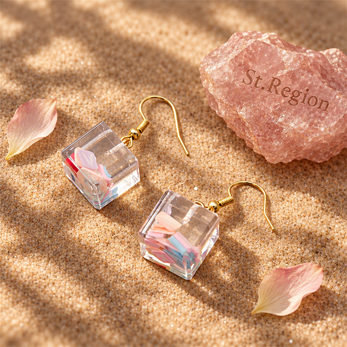 Clear Resin and 18K Gold-Plated Letter Cube Drop Earrings, gold drop earrings for women, detail close-up