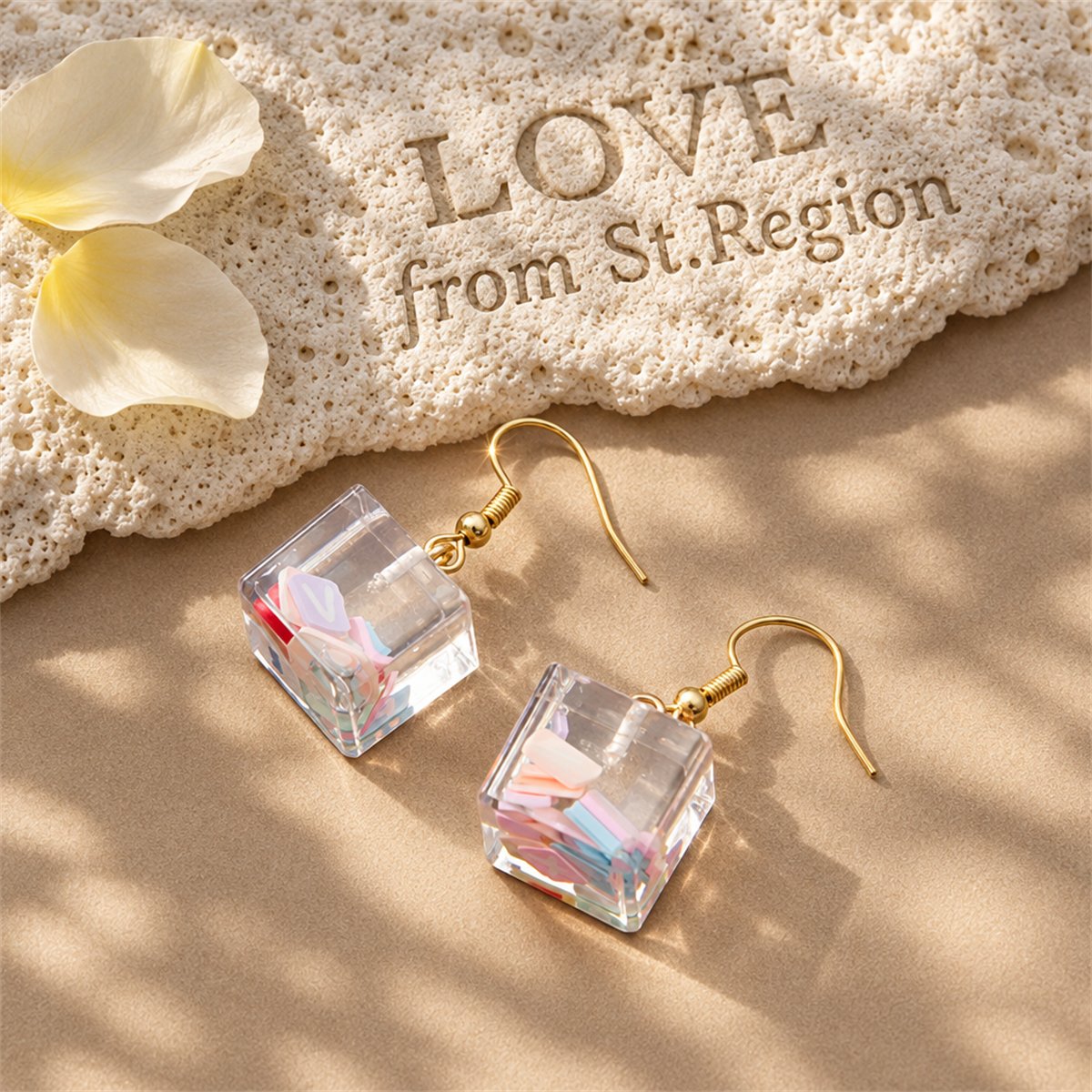 Clear Resin and 18K Gold-Plated Letter Cube Drop Earrings, gold drop earrings for women, lifestyle look