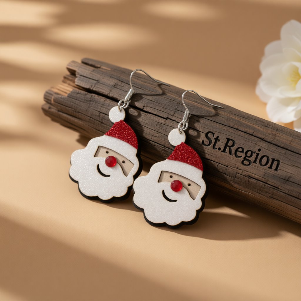Red and White Glitter Santa Drop Earrings, drop earrings for women, botanical inspired, front view