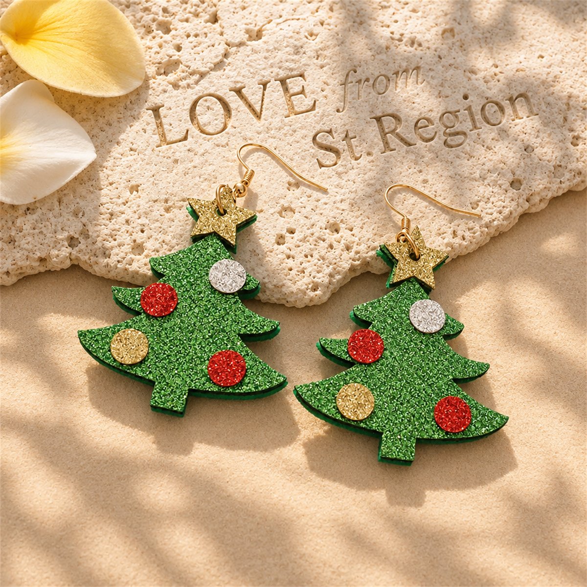 Green and 18K Gold-Plated Glitter Christmas Tree Drop Earrings, gold drop earrings for women, everyday style, lifestyle look