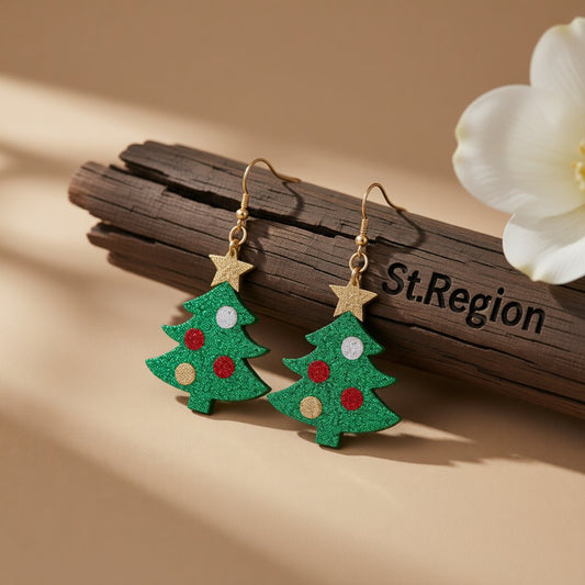 Green and 18K Gold-Plated Glitter Christmas Tree Drop Earrings, gold drop earrings for women, everyday style, front view