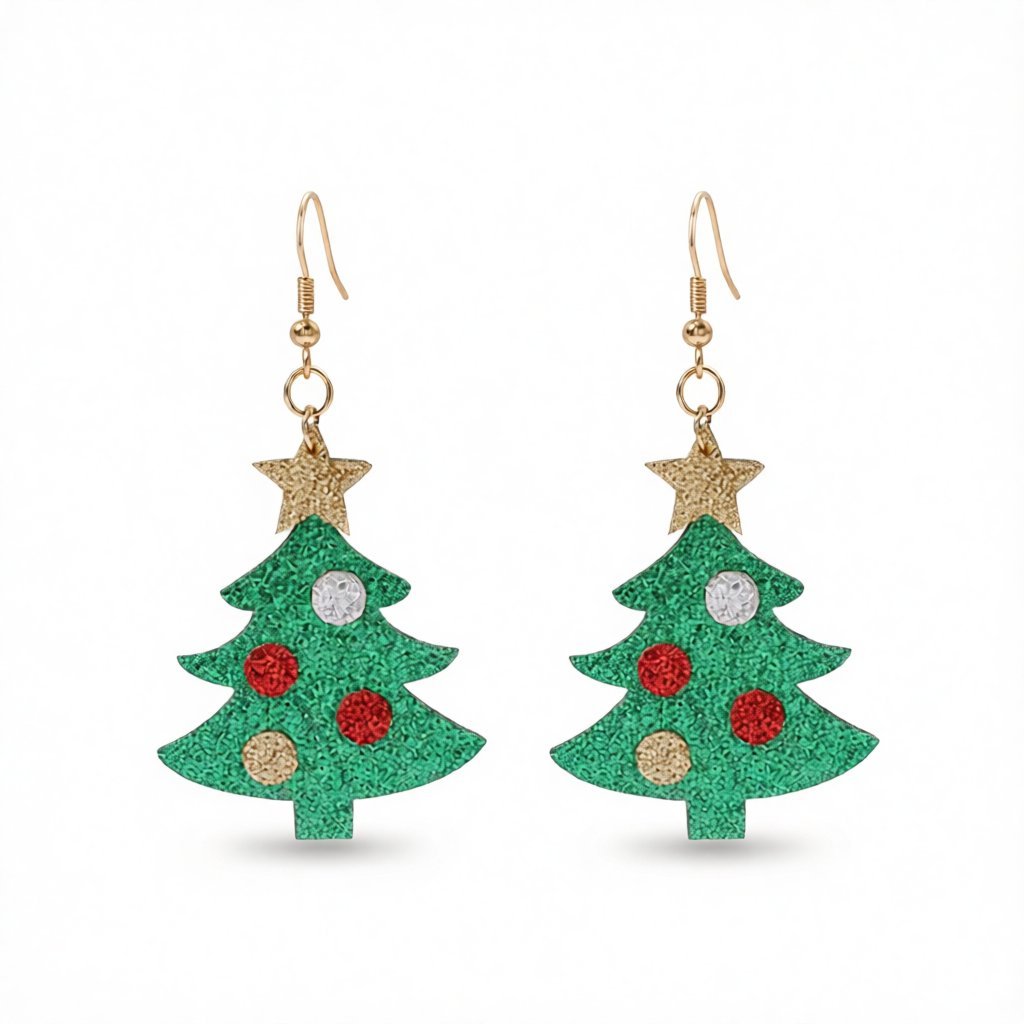 Green and 18K Gold-Plated Glitter Christmas Tree Drop Earrings, gold drop earrings for women, everyday style, side view
