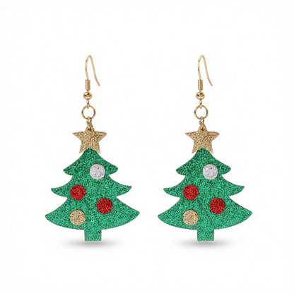 Green and 18K Gold-Plated Glitter Christmas Tree Drop Earrings, gold drop earrings for women, everyday style, side view