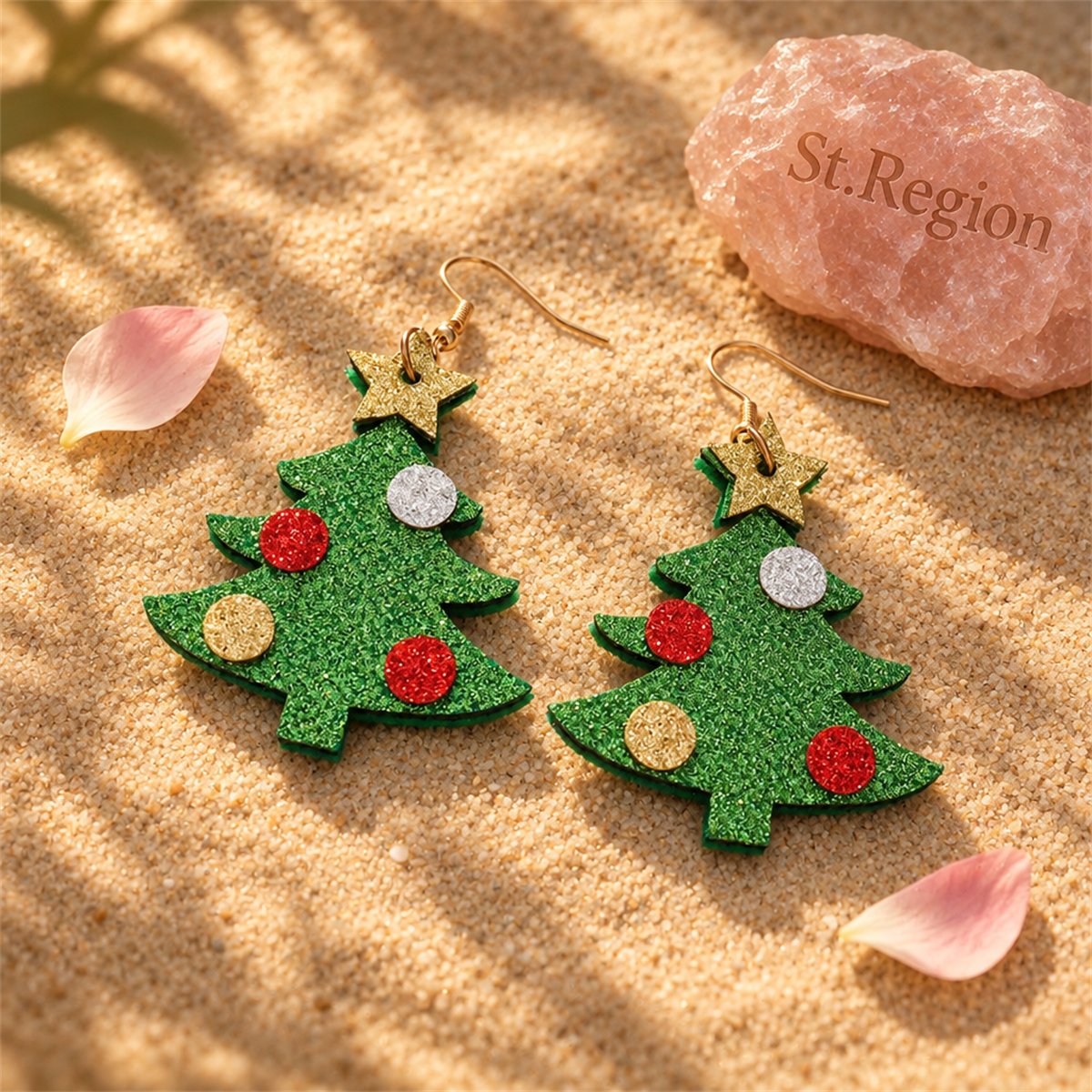 Green and 18K Gold-Plated Glitter Christmas Tree Drop Earrings, gold drop earrings for women, everyday style, detail close-up