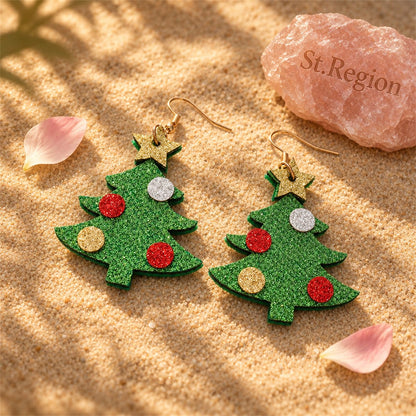 Green and 18K Gold-Plated Glitter Christmas Tree Drop Earrings, gold drop earrings for women, everyday style, detail close-up