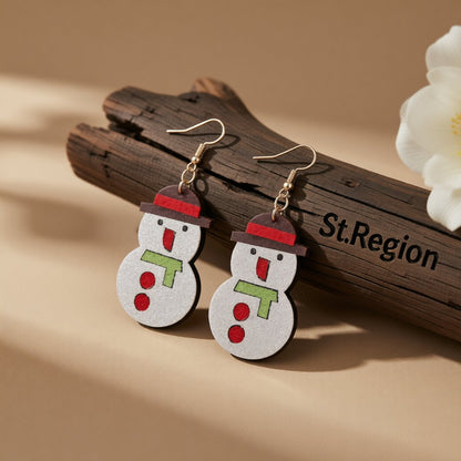 White Felt and 18K Gold-Plated Glitter Snowman Drop Earrings, gold drop earrings for women, botanical inspired, front view