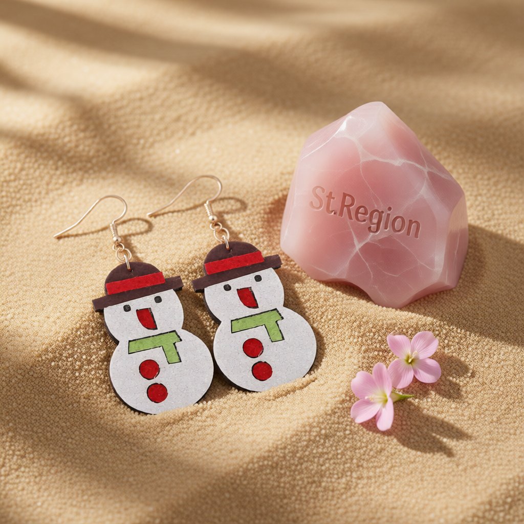 White Felt and 18K Gold-Plated Glitter Snowman Drop Earrings, gold drop earrings for women, detail close-up