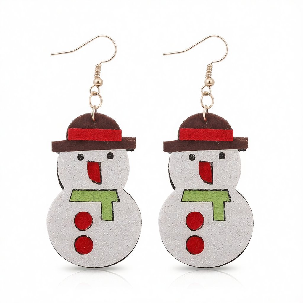 White Felt and 18K Gold-Plated Glitter Snowman Drop Earrings, gold drop earrings for women, botanical inspired, side view