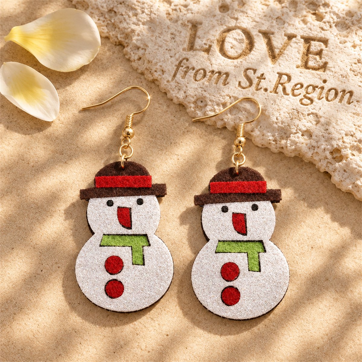 White Felt and 18K Gold-Plated Glitter Snowman Drop Earrings, gold drop earrings for women, lifestyle look