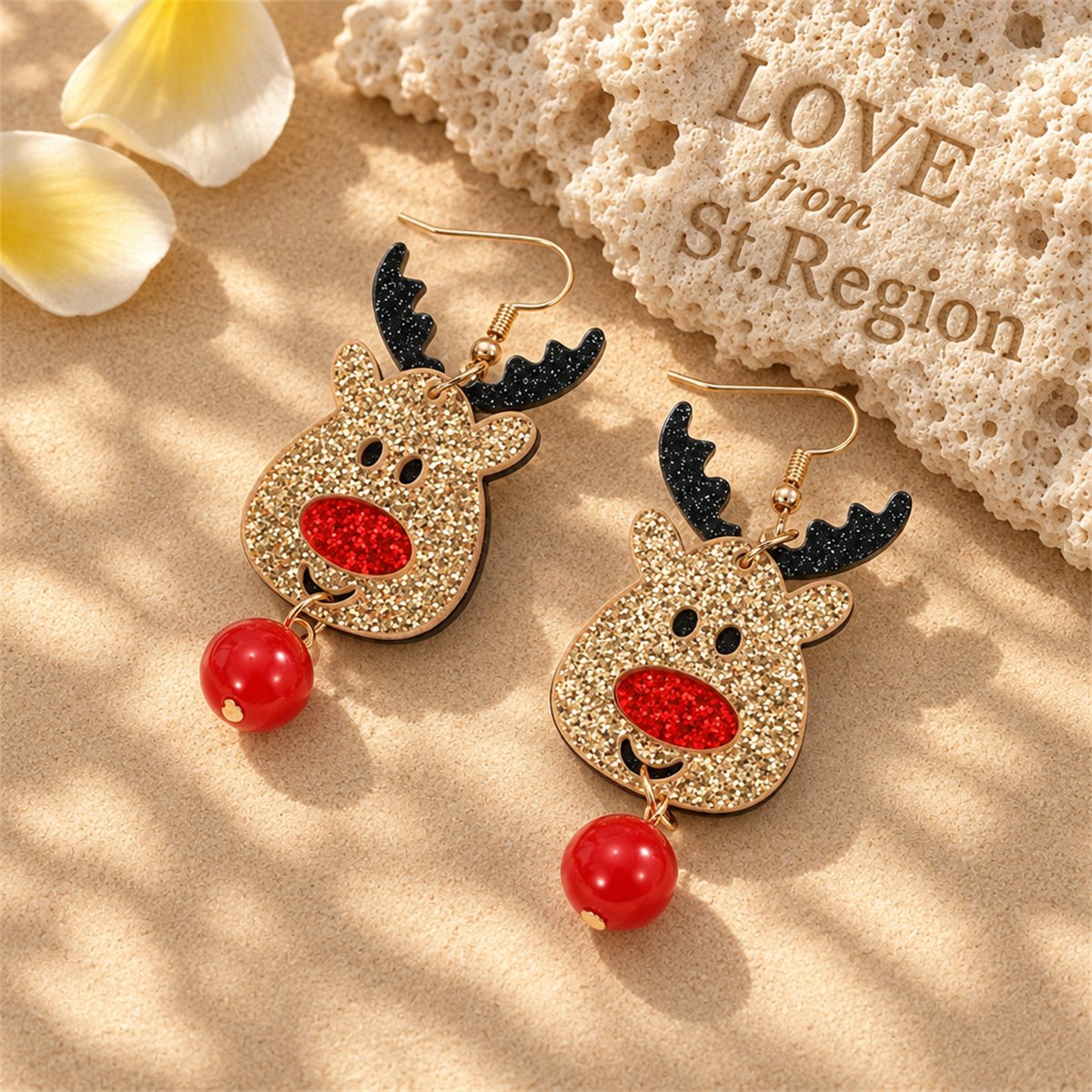 Brown and Red Glitter Reindeer Drop Earrings, drop earrings for women, everyday style, lifestyle look
