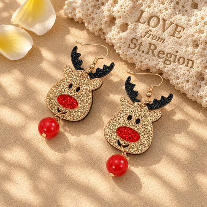 Brown and Red Glitter Reindeer Drop Earrings, drop earrings for women, everyday style, lifestyle look