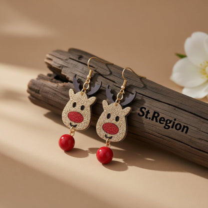 Brown and Red Glitter Reindeer Drop Earrings, drop earrings for women, everyday style, front view