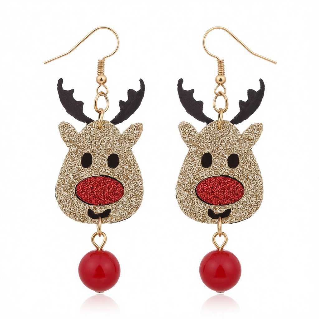 Brown and Red Glitter Reindeer Drop Earrings, drop earrings for women, everyday style, side view