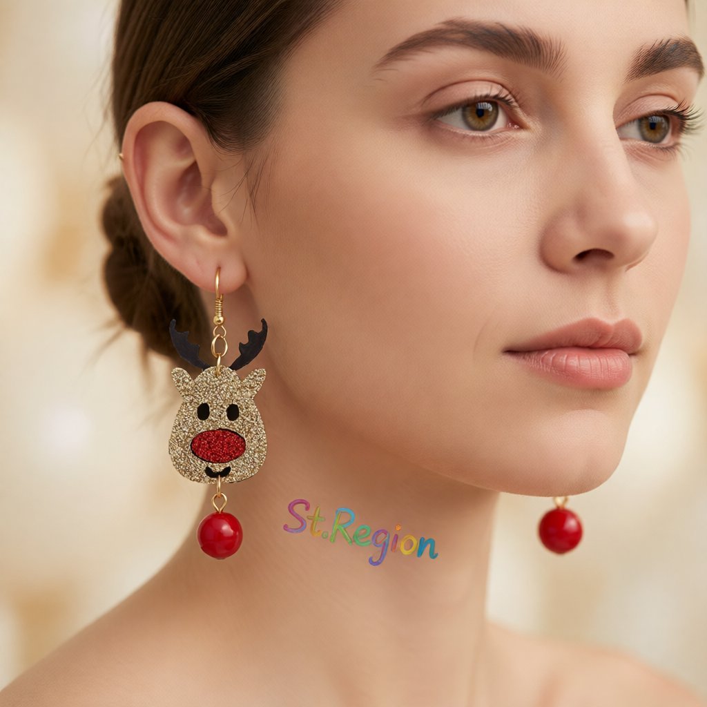 Brown and Red Glitter Reindeer Drop Earrings, drop earrings for women, everyday style, styled look
