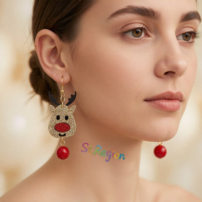 Brown and Red Glitter Reindeer Drop Earrings, drop earrings for women, everyday style, styled look