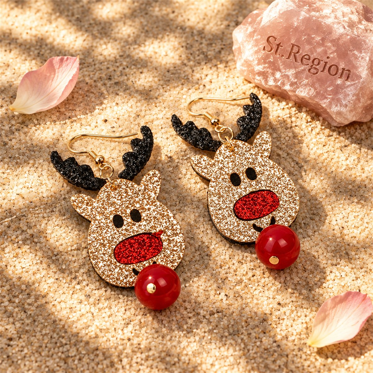 Brown and Red Glitter Reindeer Drop Earrings, drop earrings for women, everyday style, detail close-up