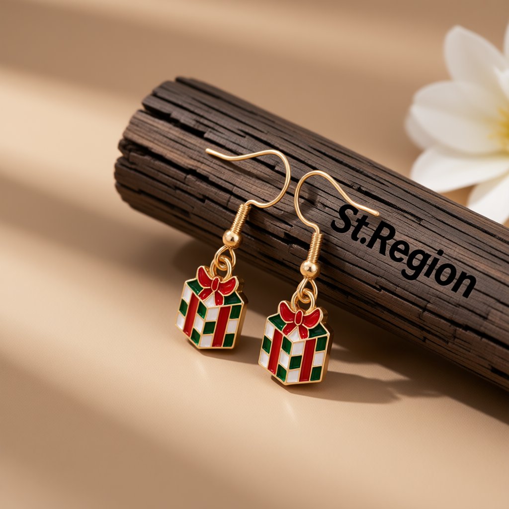 Red and White Gift Box Drop Earrings, drop earrings for women, elegant gift for her, front view