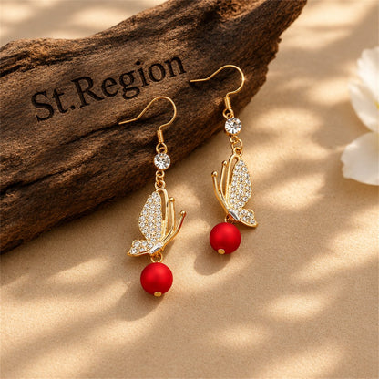 Red Resin and Cubic Zirconia 18K Gold-Plated Butterfly Drop Earrings, gold drop earrings for women, front view