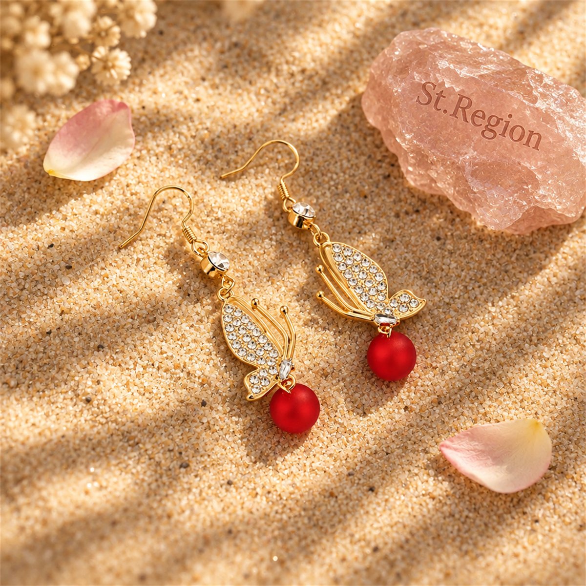 Red Resin and Cubic Zirconia 18K Gold-Plated Butterfly Drop Earrings, gold drop earrings for women, detail close-up