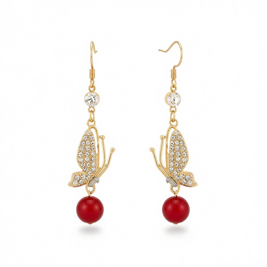 Red Resin and Cubic Zirconia 18K Gold-Plated Butterfly Drop Earrings, gold drop earrings for women, side view