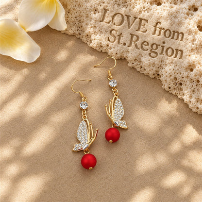 Red Resin and Cubic Zirconia 18K Gold-Plated Butterfly Drop Earrings, gold drop earrings for women, lifestyle look