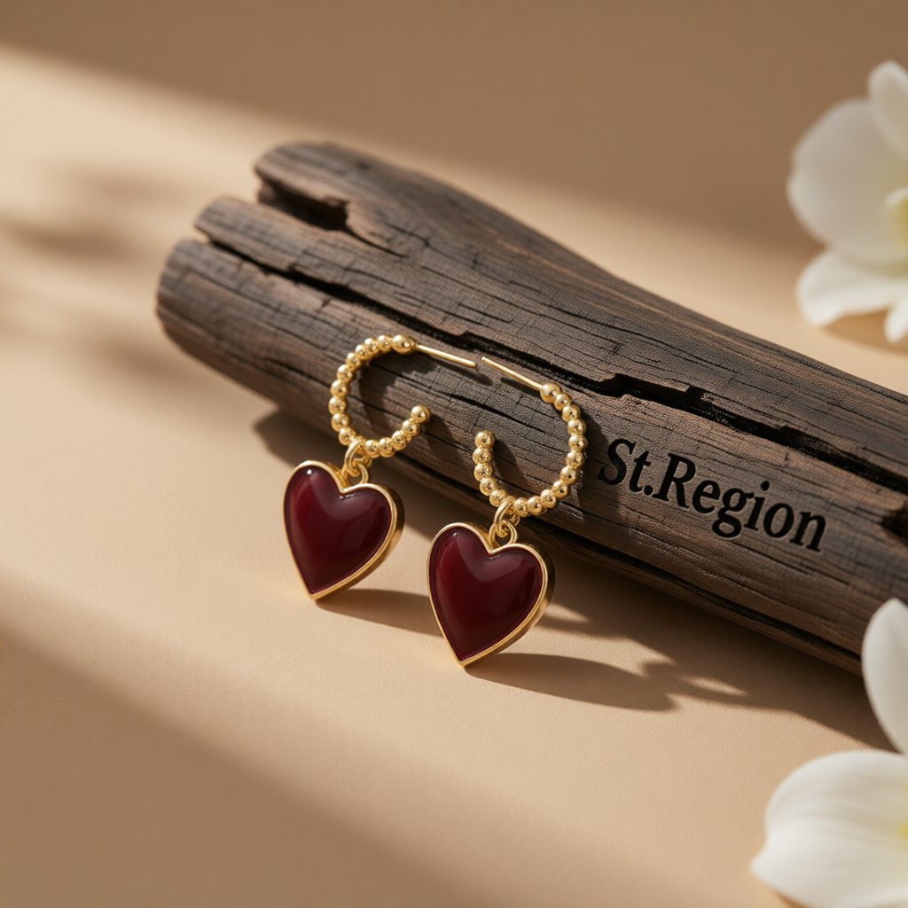 Wine Red Enamel and 18K Gold-Plated Heart Huggie Earrings, gold huggie earrings, elegant gift for her, front view