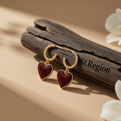 Wine Red Enamel and 18K Gold-Plated Heart Huggie Earrings, gold huggie earrings, elegant gift for her, front view