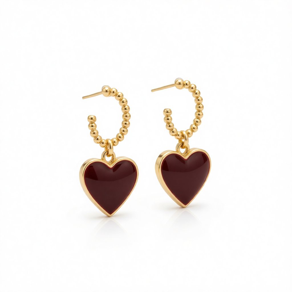 Wine Red Enamel and 18K Gold-Plated Heart Huggie Earrings, gold huggie earrings, elegant gift for her, side view
