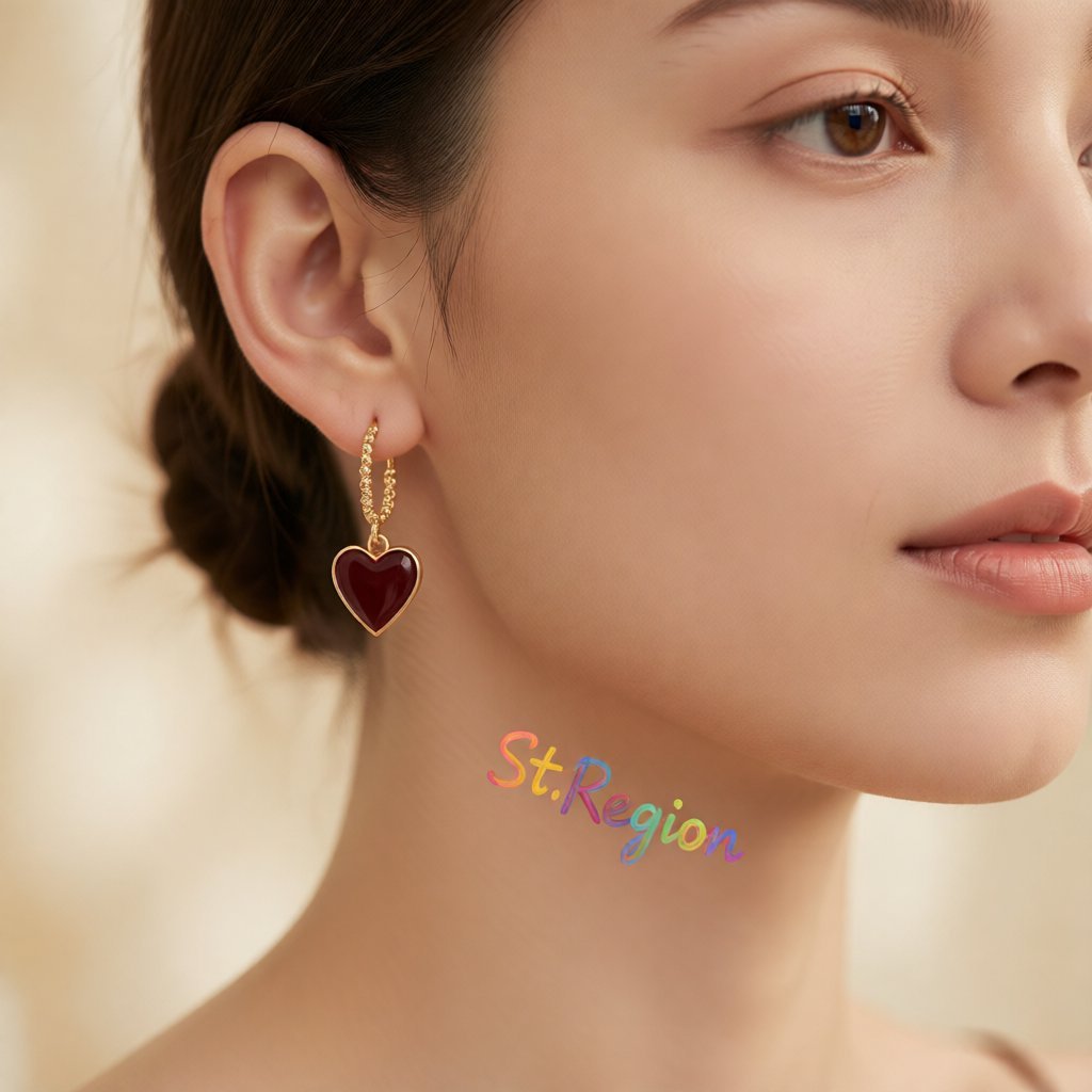 Wine Red Enamel and 18K Gold-Plated Heart Huggie Earrings, gold huggie earrings, elegant gift for her, styled look