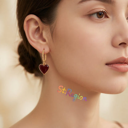 Wine Red Enamel and 18K Gold-Plated Heart Huggie Earrings, gold huggie earrings, elegant gift for her, styled look