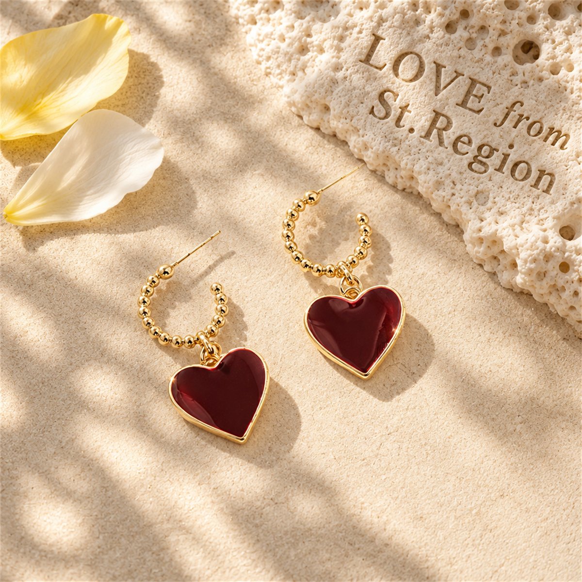 Wine Red Enamel and 18K Gold-Plated Heart Huggie Earrings, gold huggie earrings, elegant gift for her, lifestyle look