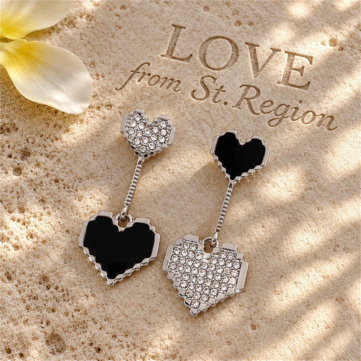 Black Enamel and Cubic Zirconia Double Heart Drop Earrings, drop earrings for women, everyday style, lifestyle look