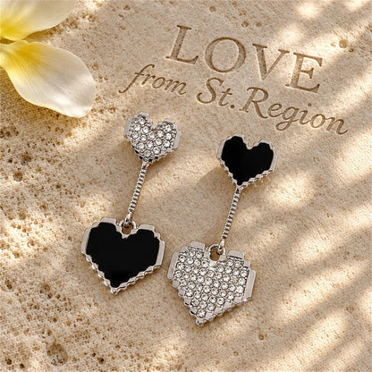 Black Enamel and Cubic Zirconia Double Heart Drop Earrings, drop earrings for women, everyday style, lifestyle look
