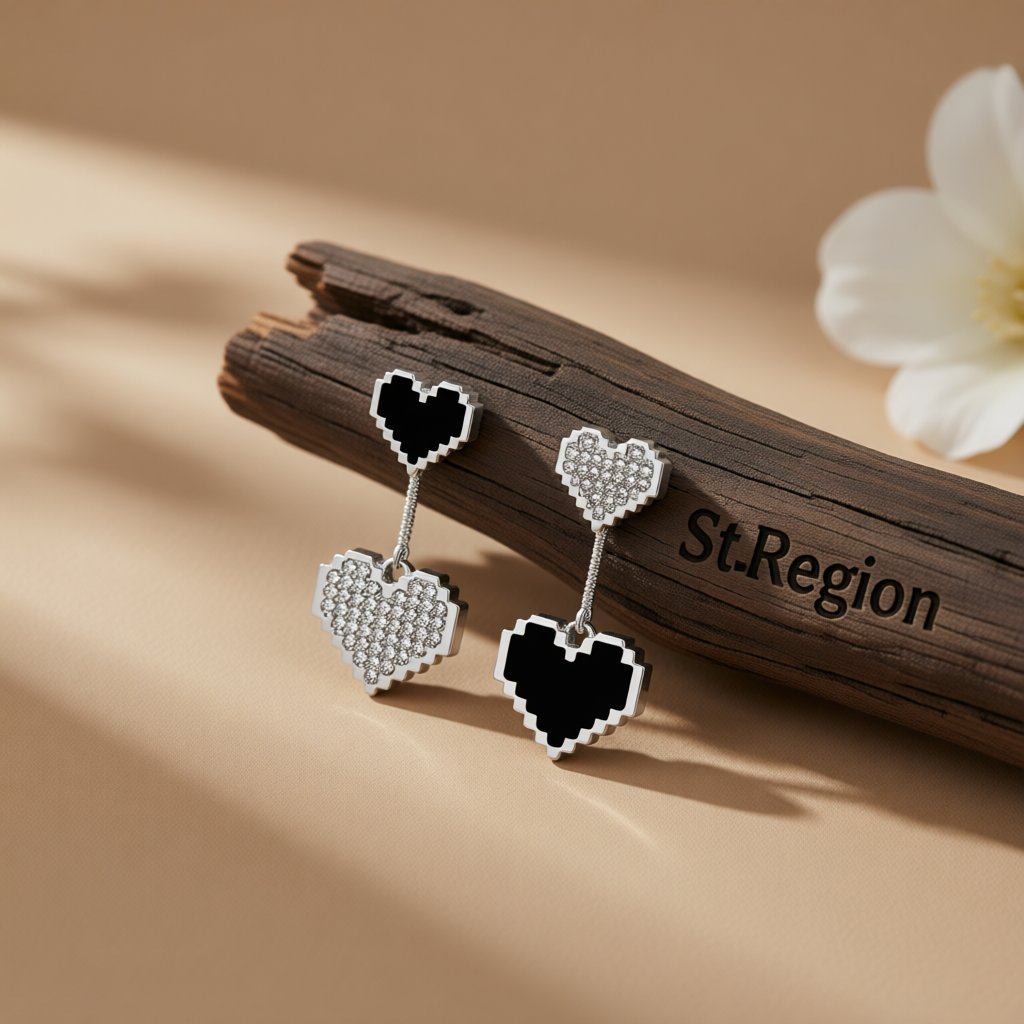 Black Enamel and Cubic Zirconia Double Heart Drop Earrings, drop earrings for women, everyday style, front view
